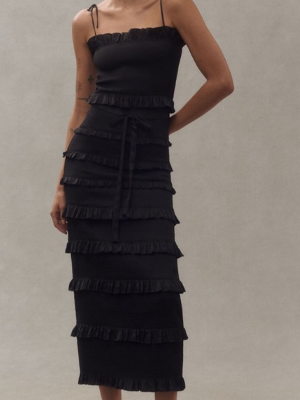 V. Chapman Lily Black Ruffle-Tiered Midi Dress